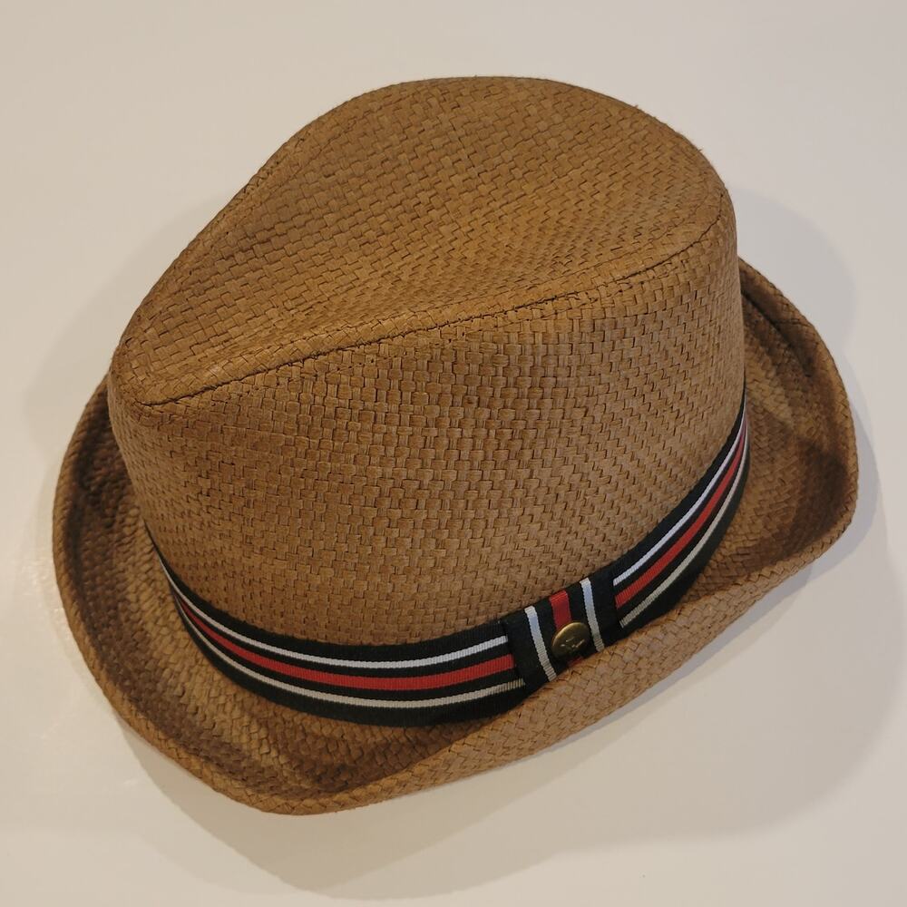 Vintage Peter Grimm Unisex Straw Fedora Hat Brown w/ Striped Band & Pin Unisex